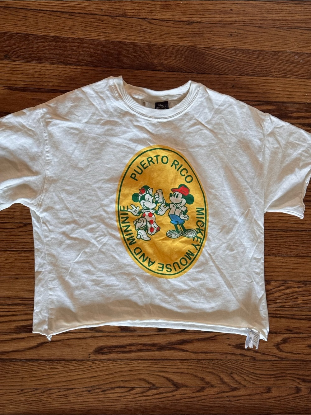 Zara White Tee with Yellow Puerto Rico Mickey & Minnie Graphic
